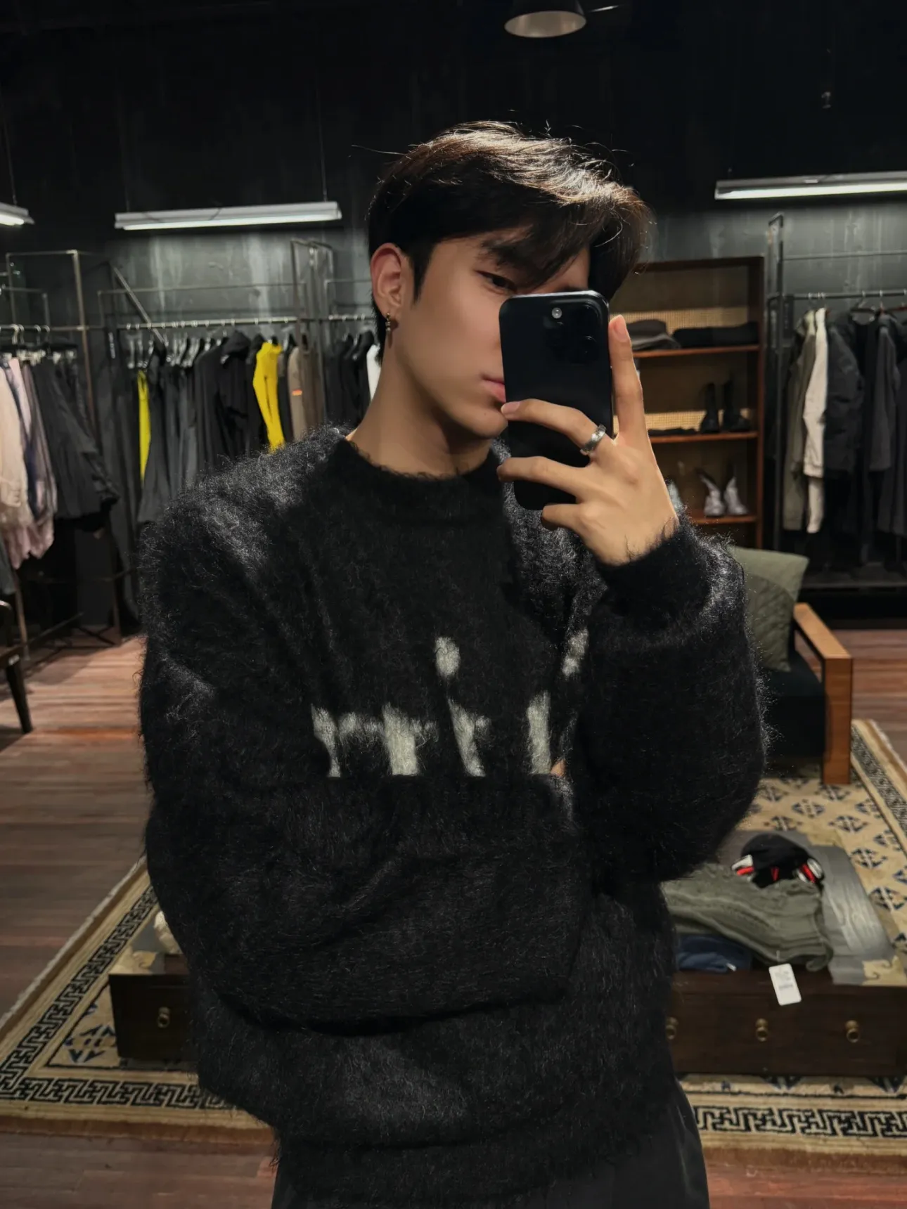 ❥4029#P226 SAINT Mxxxxxx × DENIM TERAS mohair sweater long sleeves BTS same style loose short design + fluffy version same style for men and women Color: Black Size: S M L XL